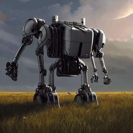 Image similar to A giant stainless steel mech robot in a field, beautiful, cool dynamic lighting, atmospheric, cinematic, highly detailed digital art, painted by Scott Musgrove