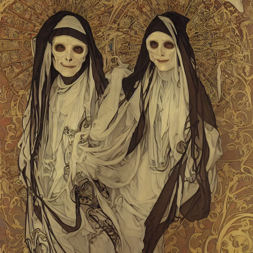 Prompt: a Stunning portrait of a skeleton nun in the style of Realistic,by Alphonse Mucha,oil on canvas