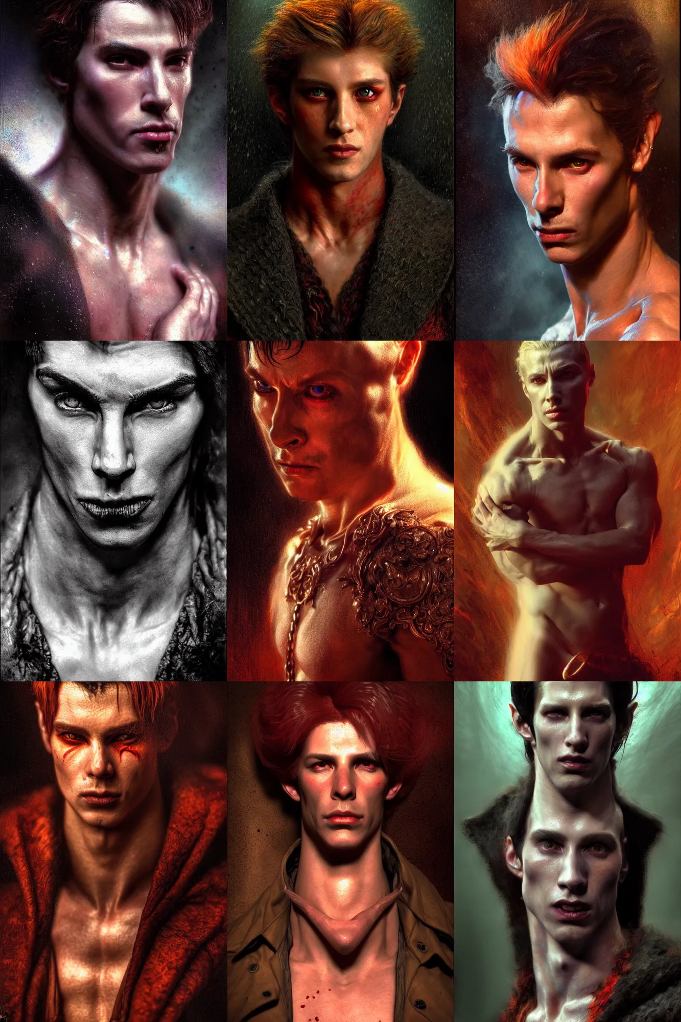 Prompt: portrait young male warlock, muscle, vibrant aesthetic highly detailed photography by gaston bussiere, characters with hyperrealistic highly detailed faces, from bram stoker's dracula 1 9 9 2 by joe dante and denis villeneuve and gregory crewdson style with many details by craig mullins. volumetric natural light hyperrealism photo on dsmc 3 system