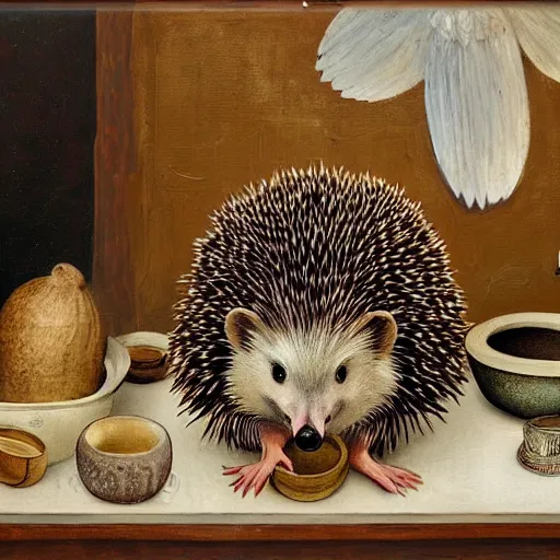 Prompt: painting of a hedgehog on a table in a ceramic workshop, surrounded by ceramicists tools and unfinished bowls, a white dove, oil painting, northern renaissance art, oil on canvas, wet - on - wet technique, realistic, intricate textures, illusionistic detail