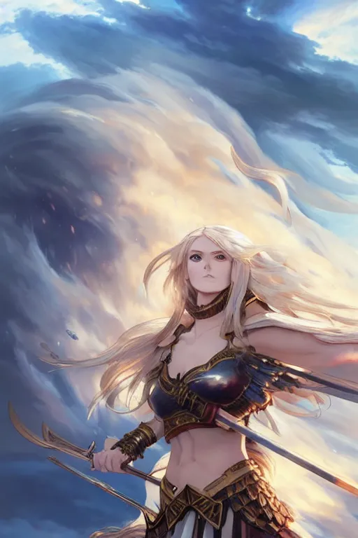 Image similar to beautiful attrative face valkyrie with stormy wind and fire cloud around her, light flowing hair, anime key visual, absurdly beautiful, highly detailed, sharp focus, concept art, granblue fantasy, anime by serafleur / d pin / rongzhen luo / mingdosa / ruan jia / gemi ningen