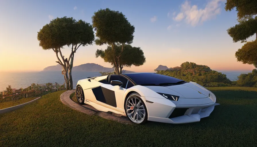 Image similar to sicilian white villa built on the edge of a hill, lamborghini, sunrise, sea, trees, wide view, hyperdetailed, artstation, cgsociety, 8 k