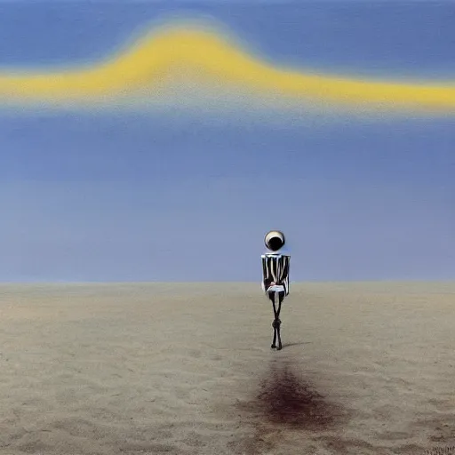 Image similar to a skeleton walking on a beach next to the ocean, nuclear bomb explosion in the background, a surrealist painting by Storm Thorgerson, featured on cg society, nuclear art, surrealist, apocalypse landscape, chillwave