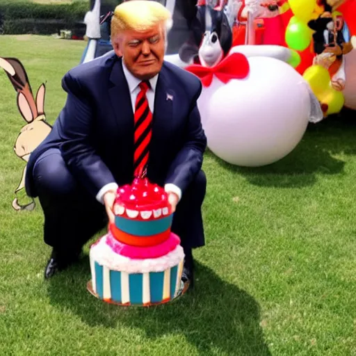 Prompt: Donald trump dressed as bugs bunny spying on children at a birthday party