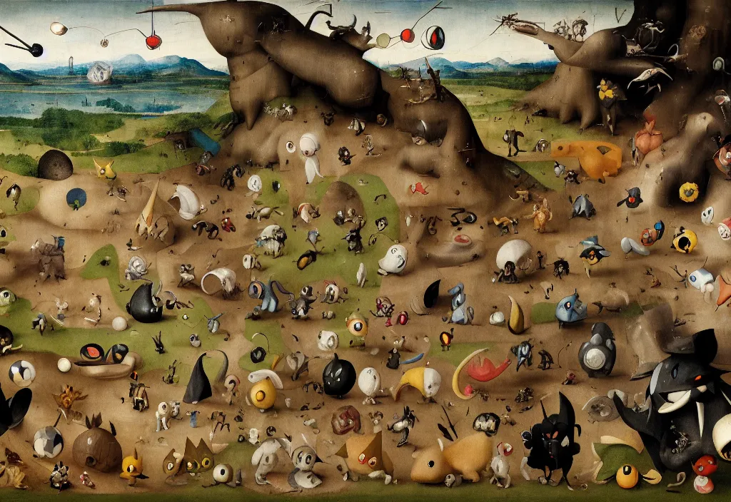 Image similar to painting of pokemon living in the wild by hieronymus bosch, high detail, 4 k
