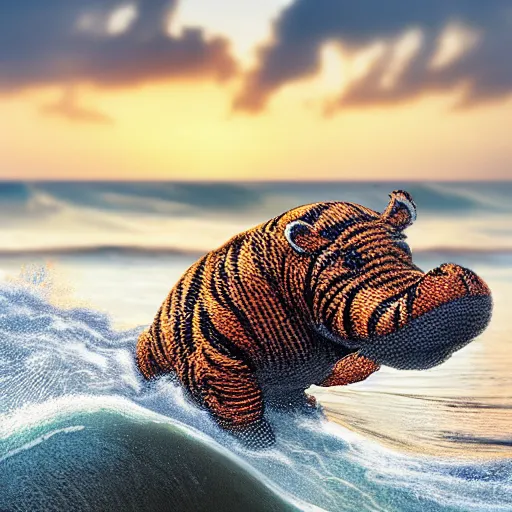 Image similar to a closeup photorealistic photograph of a cute smiling knitted tiger hippopotamus riding a large wave at sunset. surf in background. professional capture. brightly lit scene. this 4 k hd image is trending on artstation, featured on behance, well - rendered, extra crisp, features intricate detail, epic composition and the style of unreal engine.