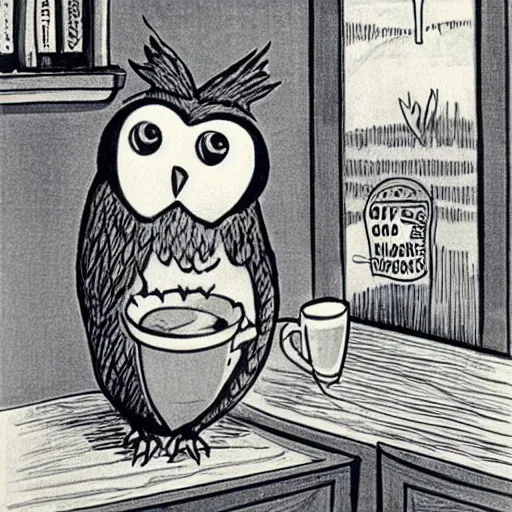 Image similar to an owl drinks coffee and looks grumpy. 1960\'s cartoon.