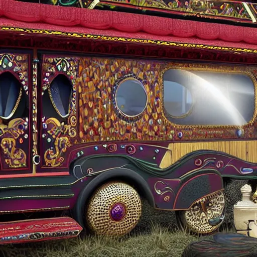 Image similar to a futuristic neo - gypsy caravan, decorated polished wood, lace and velvet and silk material, volume light, hyper realistic highly detailed 4 k