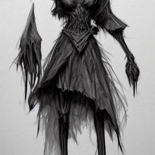 Image similar to concept art of a scary lanky female scarecrow, artstation, pencil