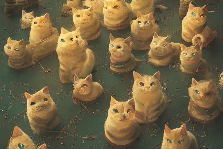 Image similar to beautiful art illustration of a group of happy cats by beeple, highly detailed