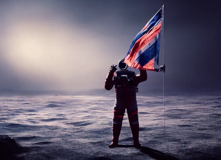 Image similar to astronaut holding a flag in an underwater desert. a submarine is visible in the distance. dark, concept art, cinematic, dramatic, atmospheric, 8 k, trending on artstation, blue, fish, low visibility, fog, ocean floor, christopher nolan, interstellar