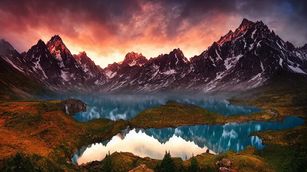 Image similar to amazing landscape photo of mountains with lake in sunset by marc adamus, beautiful dramatic lighting