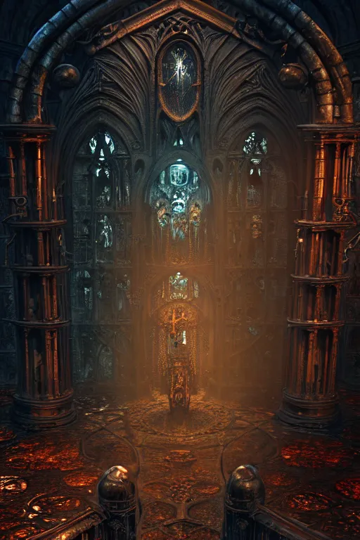 Image similar to steam necropolis, memento mori, gothic, neo - gothic, art nouveau, hyperdetailed copper patina medieval icon, stefan morrell, philippe druillet, ralph mcquarrie, concept art, steampunk, unreal engine, detailed intricate environment, octane render, moody atmospherics, volumetric lighting, ultrasharp, ominous, unearthly