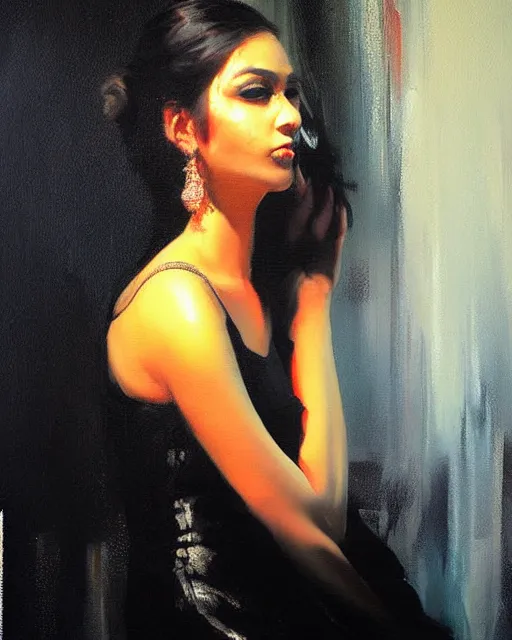 Image similar to beautiful portrait painting an gorgeous delhi girl wearing a little black dress at a nightclub, red lighting, oil painting, art by ruan jia