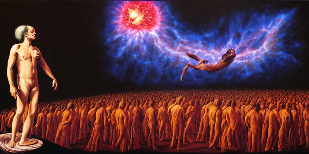 Image similar to ney matogrosso with audience, performing in a supernova with the earth in the background, chiaroscuro, diva gown, escape from earth, high contrast oil painting by gottfried helnwein