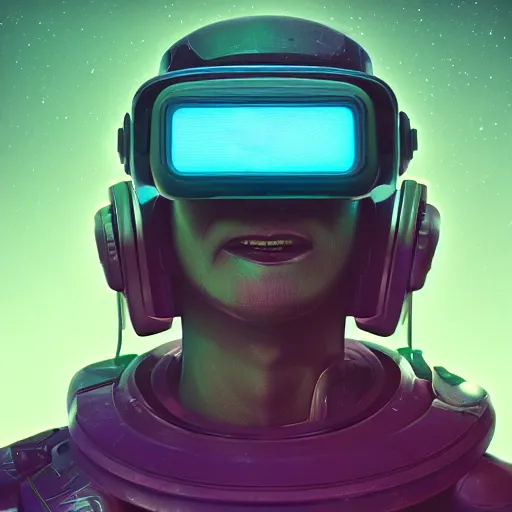 Image similar to cyberpunk concept bot, cinema 4 d, galaxy, ufo, space sci - fi, wearing vr goggles, illustration, portrait, pastel neon textured background night, trending on artstation, greg rutkowski, octane rendered, 1 2 k, detailed,