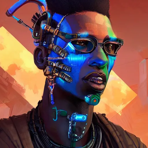 Image similar to a cyberpunk african necromancer, Apex Legends character digital illustration portrait design, by android jones, detailed, cinematic lighting, wide angle action dynamic portrait