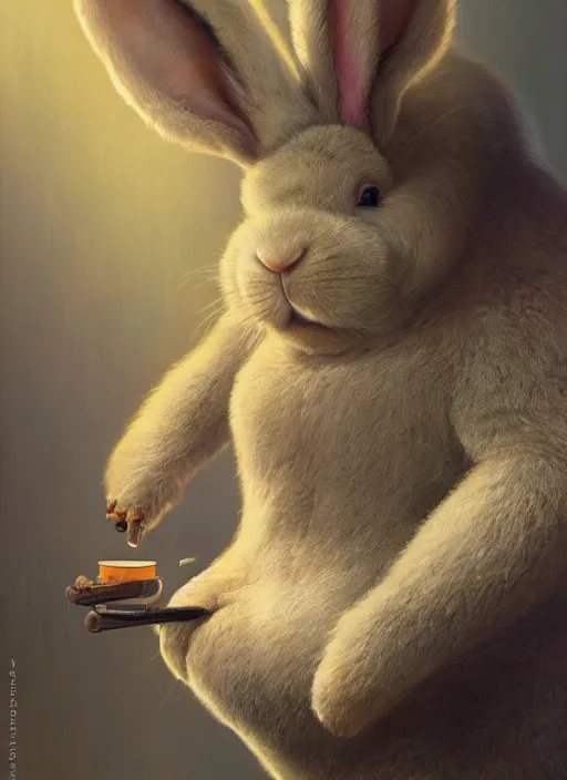 Image similar to hyper realistic, portrait of a derpy half mr. bean, half big chungus, with bunny rabbit ears, very fuzzy, furry, smoking weed, by greg rutkowski, scott m fischer, artgerm, loish, slight glow, atmospheric, anne stokes, alexandros pyromallis, 4 k, 8 k