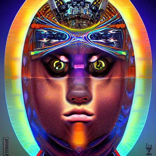 Image similar to portrait of a future metaverse tech shaman warrior, 2D cartoon, visionary art, symmetric, Magick symbols, holy halo, shipibo patterns, sci-fi, concept art, trending on art station, 8k digital art