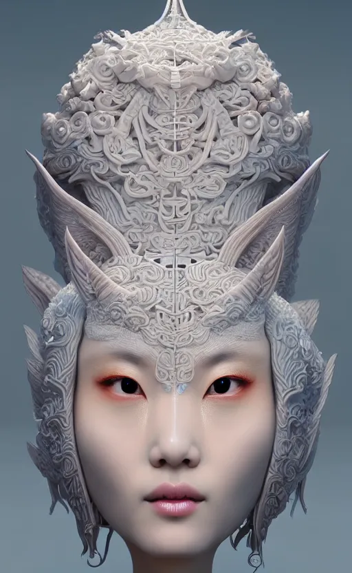 Prompt: 3 d goddess close - up profile portrait. beautiful intricate highly detailed korean gumiho mask and traditional hanbok. stingray, magpie, bio luminescent, plasma, ice, water, wind, creature, artwork by tooth wu and wlop and beeple and greg rutkowski, octane 3 d render