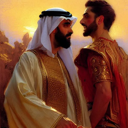 Prompt: attractive fully clothed arab king confesses his love for his attractive fully clothed male prince. highly detailed painting by gaston bussiere, craig mullins, j. c. leyendecker