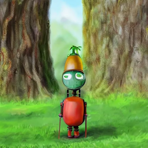 Prompt: trekking cute little robot with grass hair, tomato hat and one walking stick, made in abyss art style, standing on a forest