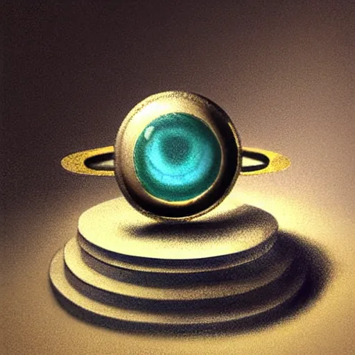 Prompt: in the center lays an ancient chromed artifact in the shape of a ring, ornate with gentle shine. the ring lays on top of a marbled pedestal. the pedestal is in front of a dark misty balcony at night. beautiful lighting. a detailed photorealistic raytraced masterpiece. dark moody fantasy art, still life renaissance pastel painting.