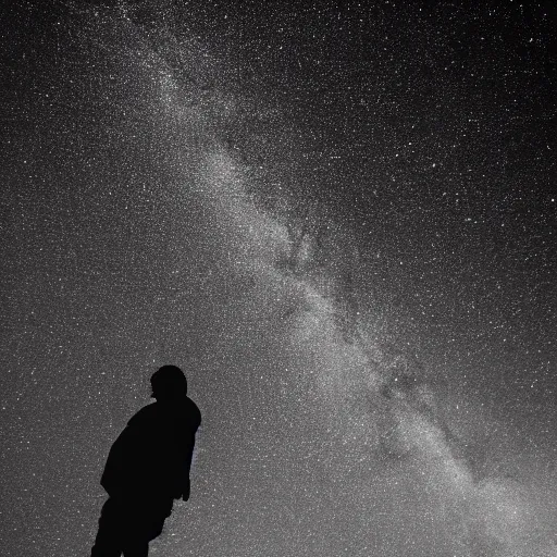 Image similar to a man falling in the blackness of space, stars in the background, wide shot, background, space, minimalist, realistic, b&w, void