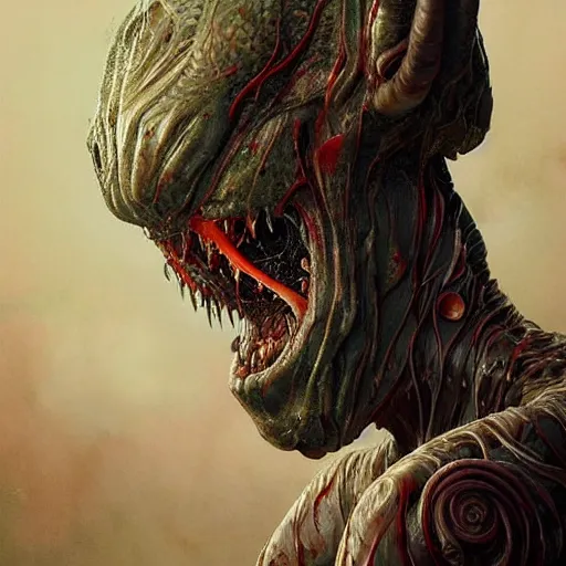 Prompt: whirling portrait of a twisting bloodied filigreed genderless insect alien monster, muscles, rippling, space warping, ultra realistic, concept art, intricate details, eerie, highly detailed, photorealistic, octane render, 8 k, unreal engine. art by artgerm and greg rutkowski and alphonse mucha