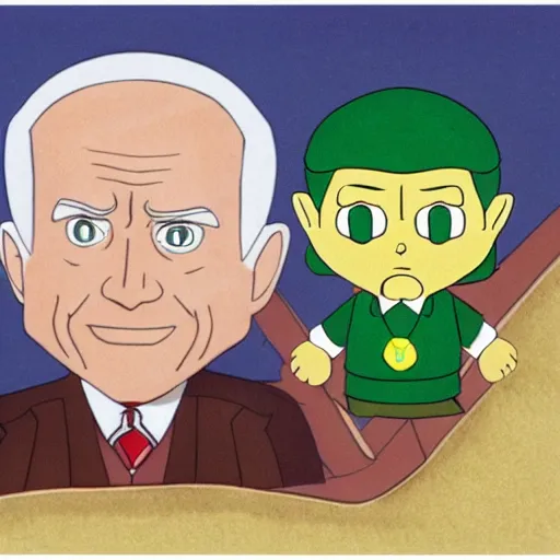 Image similar to cel - shaded image of joe biden as tingle from legend of zelda, studio ghibli animation cel by moebious