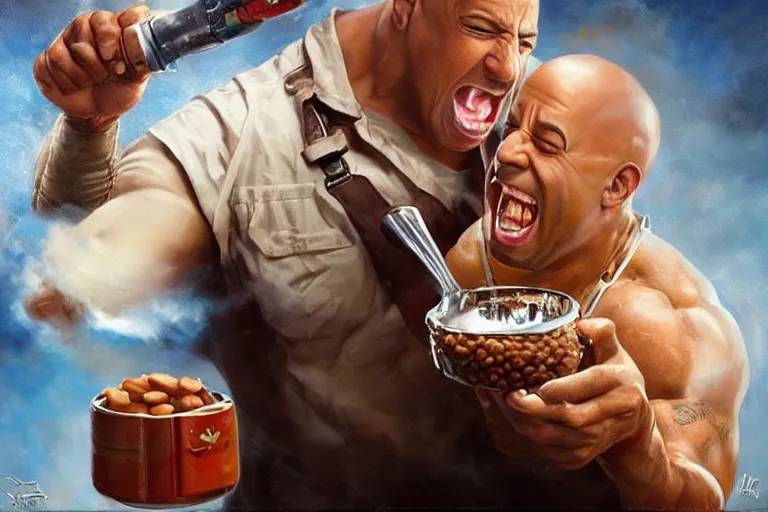 Image similar to vin diesel pouring baked beans into the mouth of dwayne the rock, an oil painting by ross tran and thomas kincade