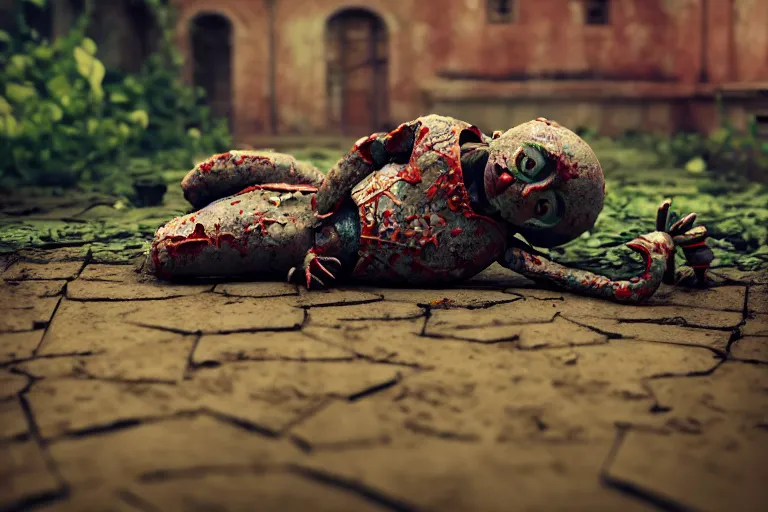 Image similar to Broken ugly toy doll lying on old courtyard with mud and an old playground between two soviet five-storey overgrown with ivy panel houses, high details, cinematic, 8k resolution, beautiful detailed, insanely intricate details, artstation trending, rule of third, octane render, unreal engine