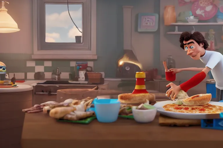 Image similar to still from a Pixar movie of Harry Styles making a pizza, high quality 3d render, movie, Pixar, Renderman, 4k, artstation