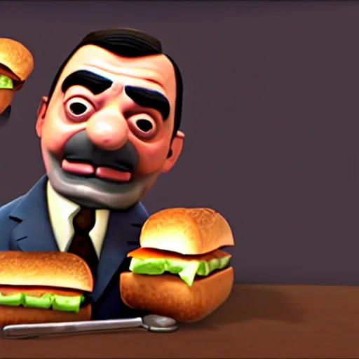 Image similar to mr. bean as heavy n team fortress 2 eating a sandwich. unreal engine, source engine, tf 2, valve