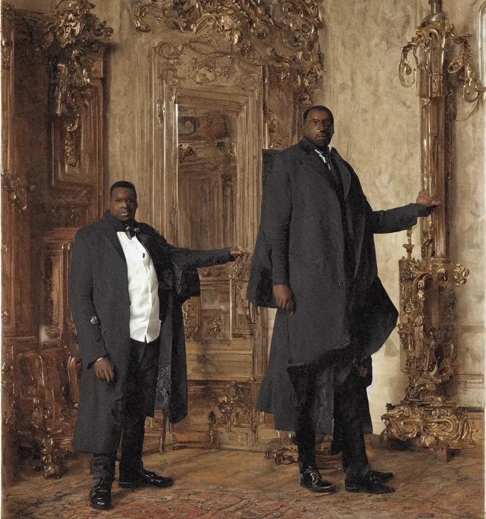 Prompt: a single large black man wearing an overcoat and knee-length black boots stands in the living room of a beautiful ornate baroque English mansion, adebanji alade, lawrence alma-tadema, george goodwin kilburne