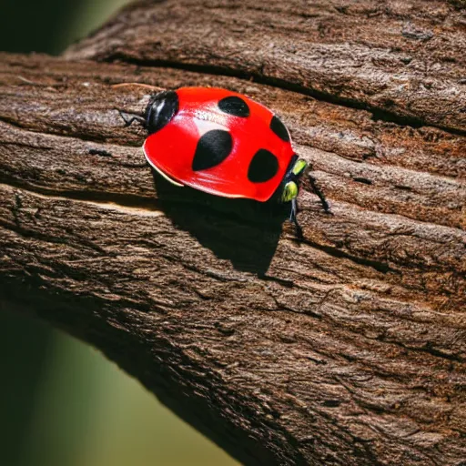 Image similar to macro photo of a ladybird on a tree trunk, reduced field of view, cinematic lighting, professional photography, sunny day