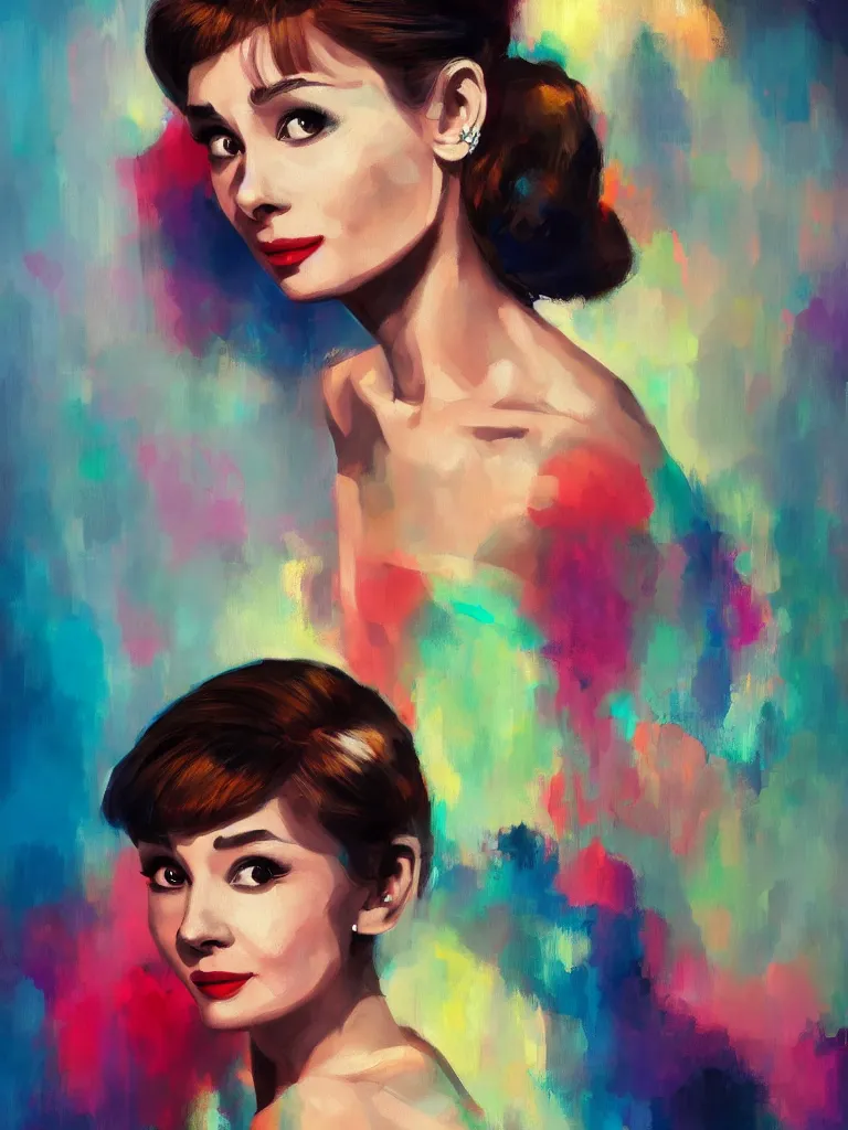 Prompt: a portrait of Audrey Hepburn, glamorous setting, vivid colors, soft lighting, atmospheric, cinematic, moody, in the style of Ross Tran, oil on canvas, 8k