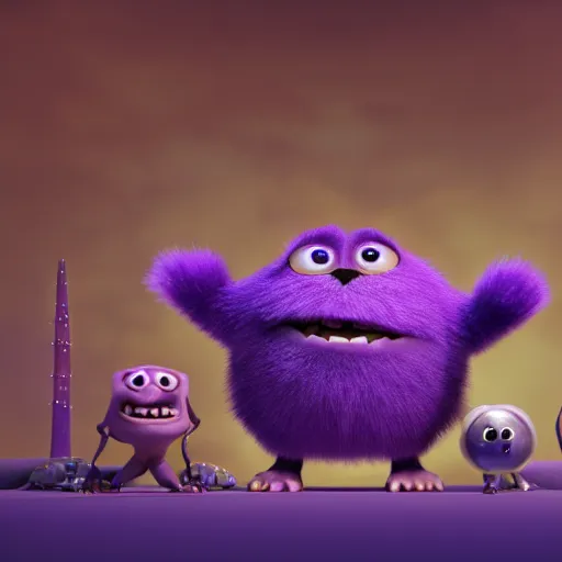 Image similar to a purple fluffy monster, adorable and cute, pixar, octane render, 4k, monster in middle of picture