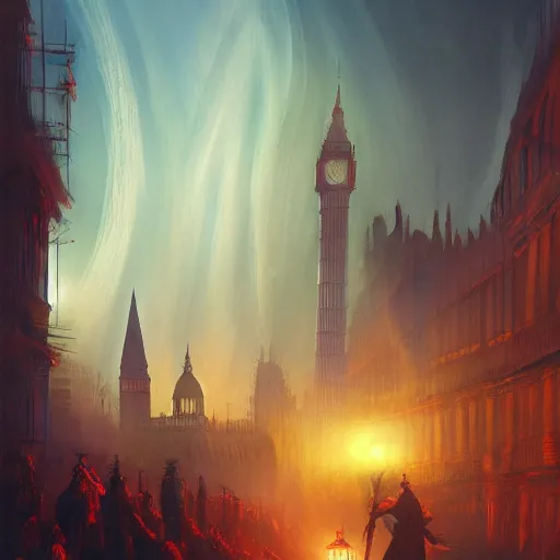 Image similar to 1850's London, dreamscape, dramatic lighting, fantasy art illustration, trending on artstation, Aetherpunk