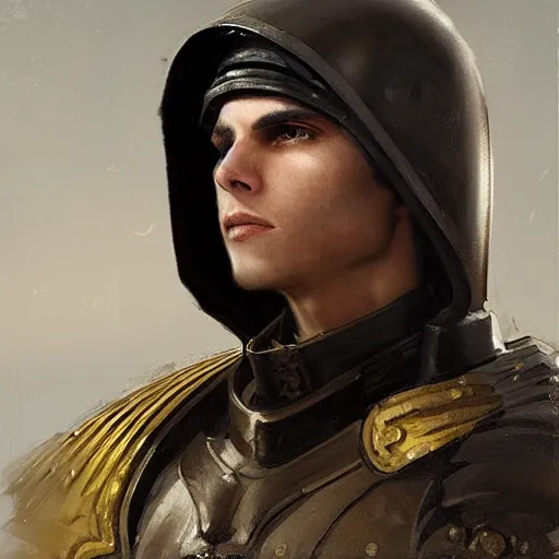 Image similar to Medium closeup young idealistic and pious male Imperial soldier wearing a black tabard with light yellow accents over a gambeson and a {perfect barbut helm}, by Raymond Swanland Greg Rutkowski Lise Deharm, {perfect face}, {perfect eyes}