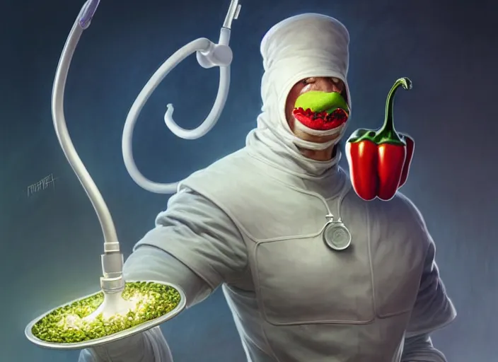 Image similar to anthropomorphic pepper wearing a white doctor's uniform, diffuse lighting, fantasy, hospital background, intricate, elegant, highly detailed, lifelike, photorealistic, digital painting, artstation, illustration, concept art, smooth, sharp focus, art by frank frazetta and marco bucci and loish and rossdraws and artgerm and alphonse mucha