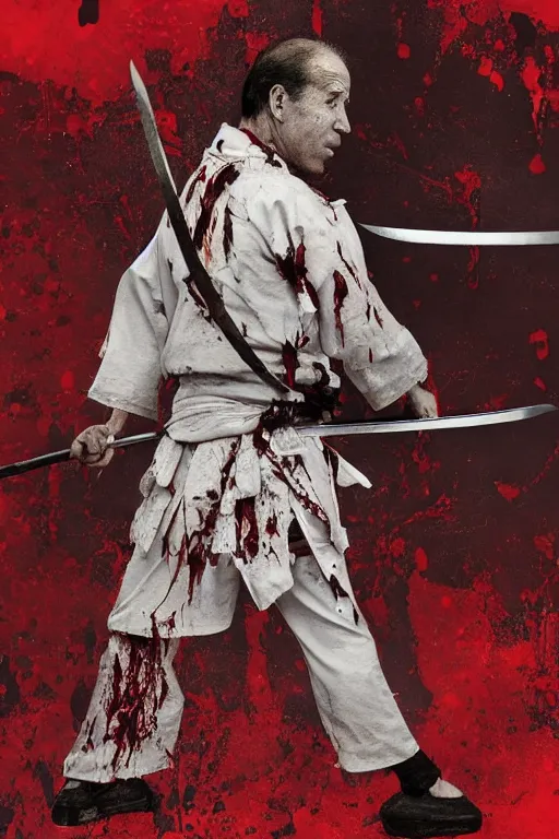 Prompt: Joe Biden with tattered samurai clothes dripping blood holding a katana, dynamic pose, full body portrait, photograph