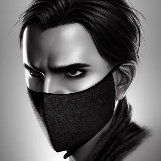 Image similar to man wearing black fabric mask, highly detailed face, character art portrait, deviantart artstation, by artgerm