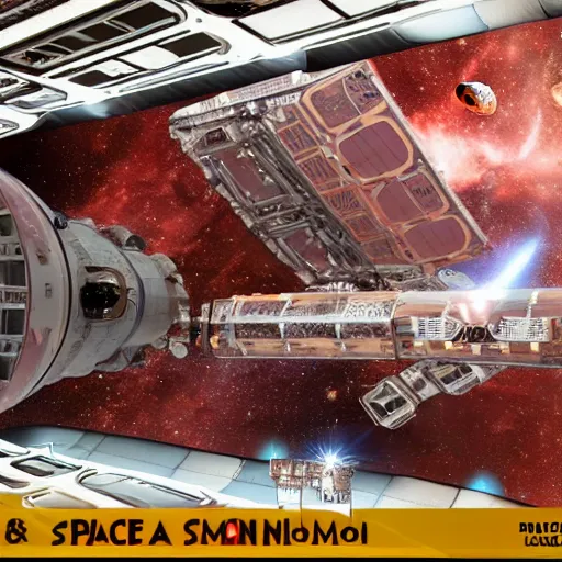 Image similar to a space station made from metal and Italian sliced meat on the background of deep space, matte painting with photorealistic elements pasted in