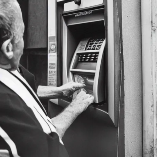 Image similar to B&W photo of an old man looking for help as his hand is stuck in an ATM