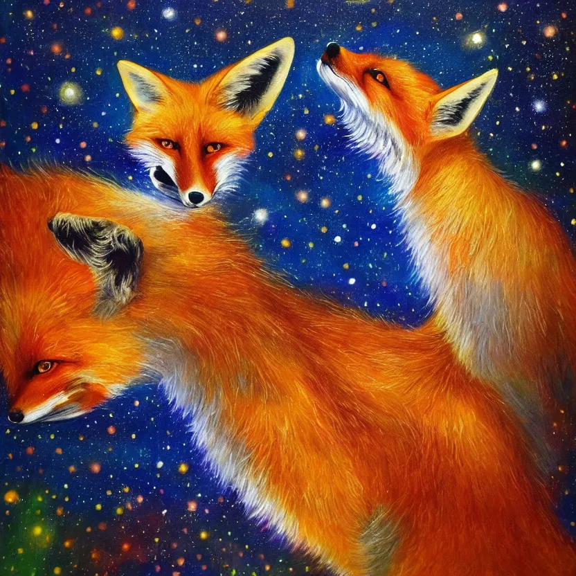 Image similar to a centred painting of a fox looking up at the colourful galaxy in the style of Starry Night, highly detailed, trending on artstation