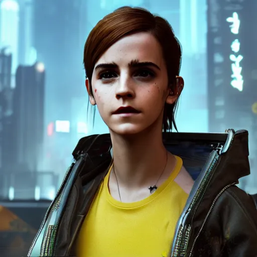 Image similar to Emma Watson in Cyberpunk 2077. 3D Render