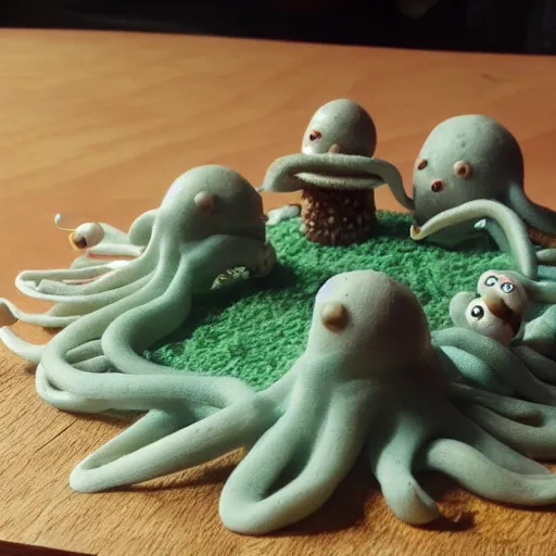 Image similar to a sloppy octopus claymation in the style of aardman