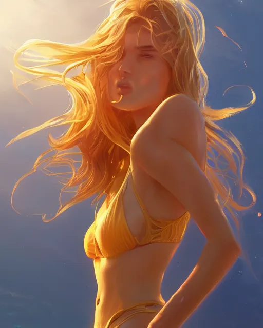 Image similar to summer vibes, beautiful sun tanned woman, flowy golden hair, sun, summer, cinematic lighting, highly detailed, digital painting, trending on artstation, pixiv, concept art, sharp focus, illustration, art by ross tran and wlop