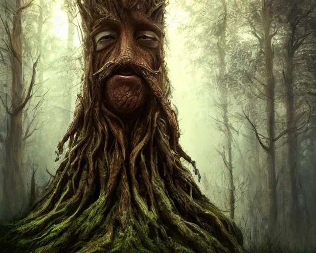 Prompt: a talking tree, a face in the bark, nose made of wood, eyes in the bark, fantasy concept art, big moustache, digital painting, oil painting, hyperrealistic, beautiful, treebeard, ent, magical, highly detailed, soft lighting, golden sunlight, very detailed eyes, artstation, cgsociety, in the forest, by alan lee, by artgerm